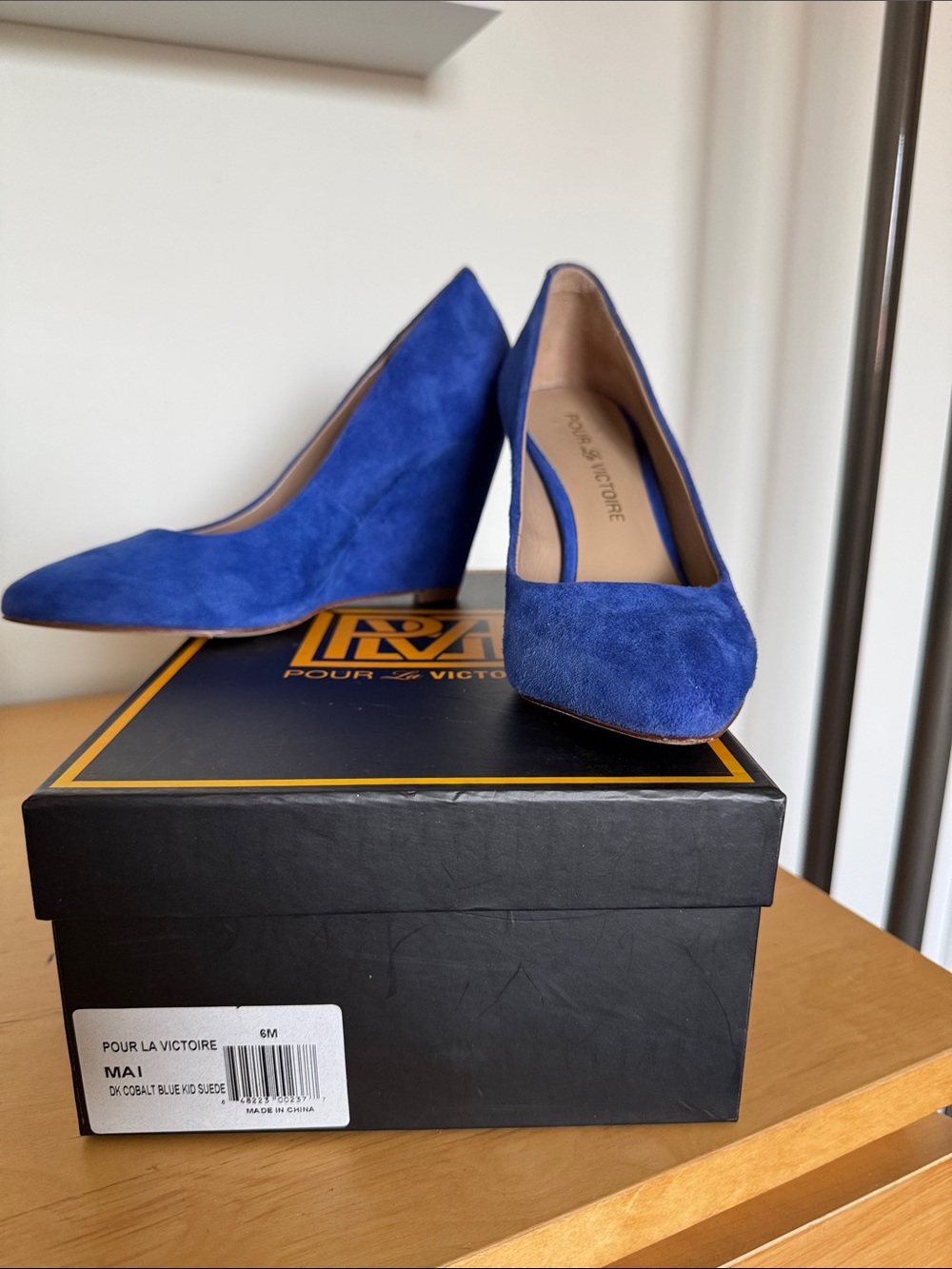 Pour La Victoire Royal Blue Suede Wedge Pumps